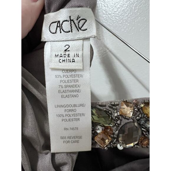 Cache Women Gray Ruche Sweetheart Neckline beaded Bodycon Dress Sz 2 Cocktail - Picture 11 of 15